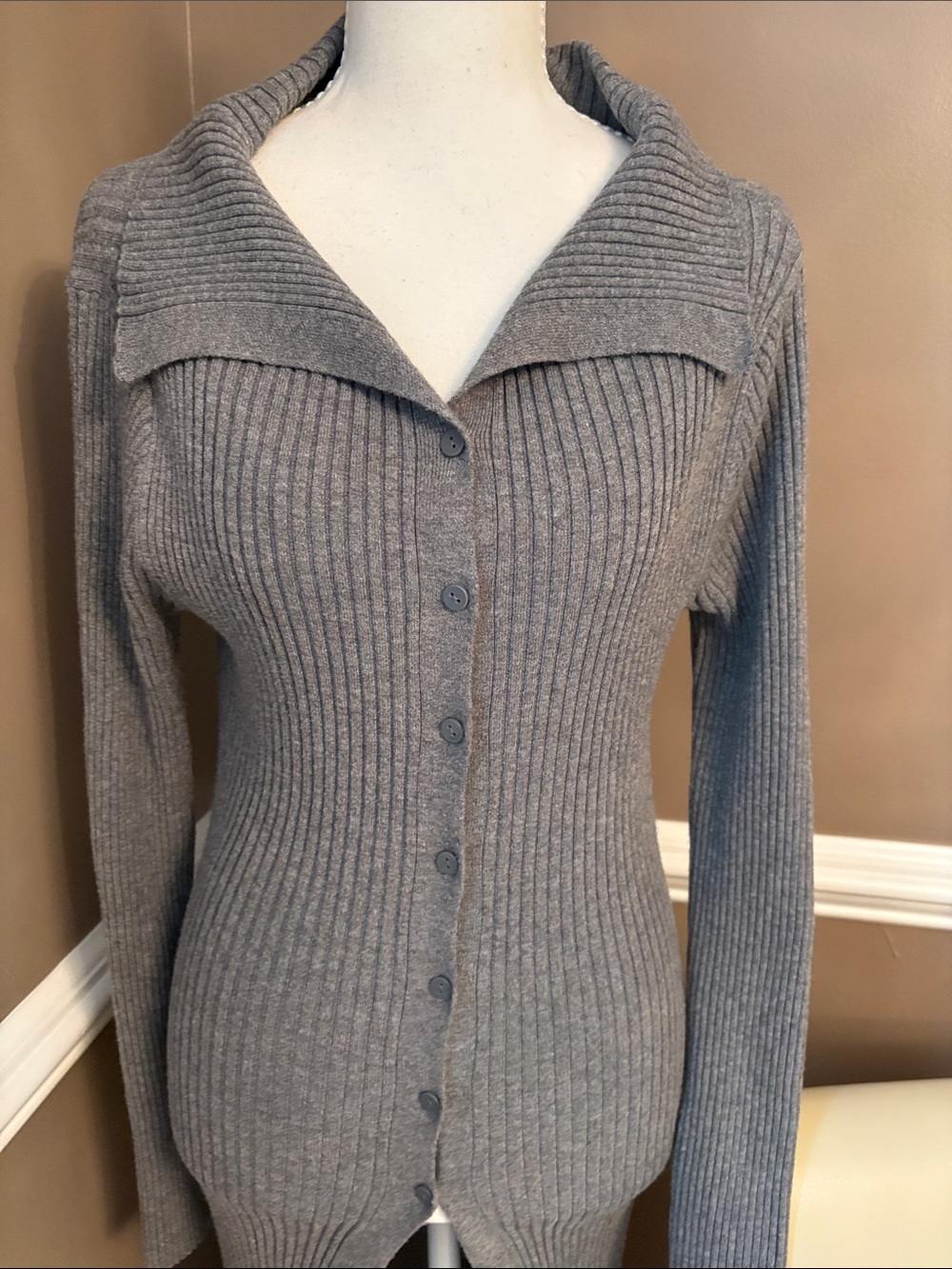Gray Ribbed Long Button-Front Women's Sweater - Picture 2 of 8